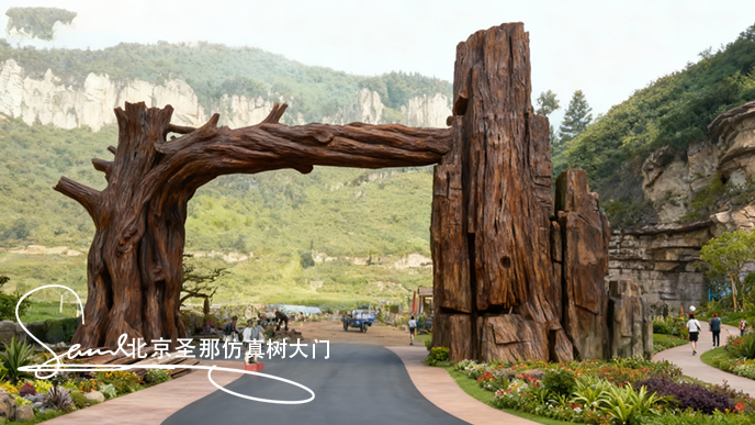 1761544656445491.png jimeng-2025-10-26-1872-一個(gè)主體顏色是自然暗棕色的仿樹樁造型的園林景觀入口,大門橫梁很厚重,整體迪士尼大....png